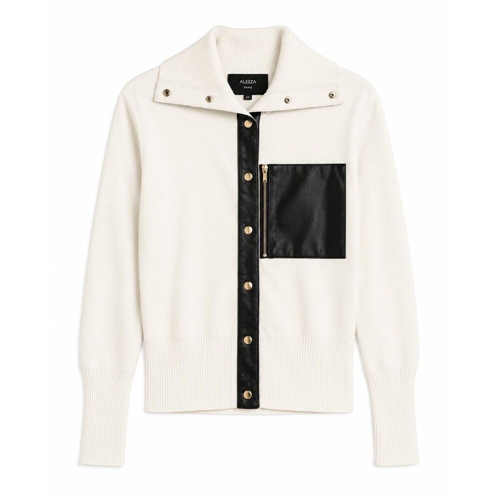 Aleeza Paris Cardigan Sweater XS Ivory Black Faux Leather Trim Zip Pocket
